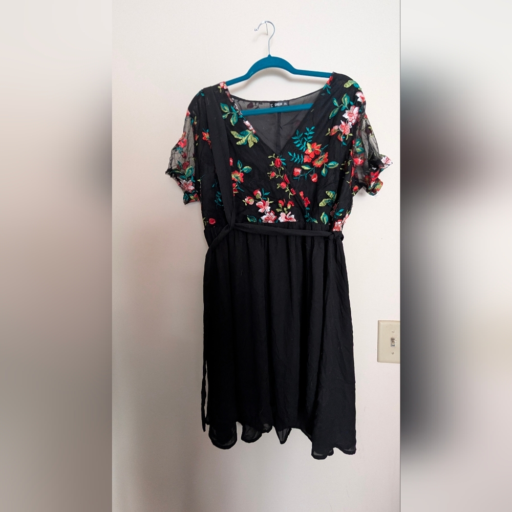 Embroidered Floral Black Tulle Dress